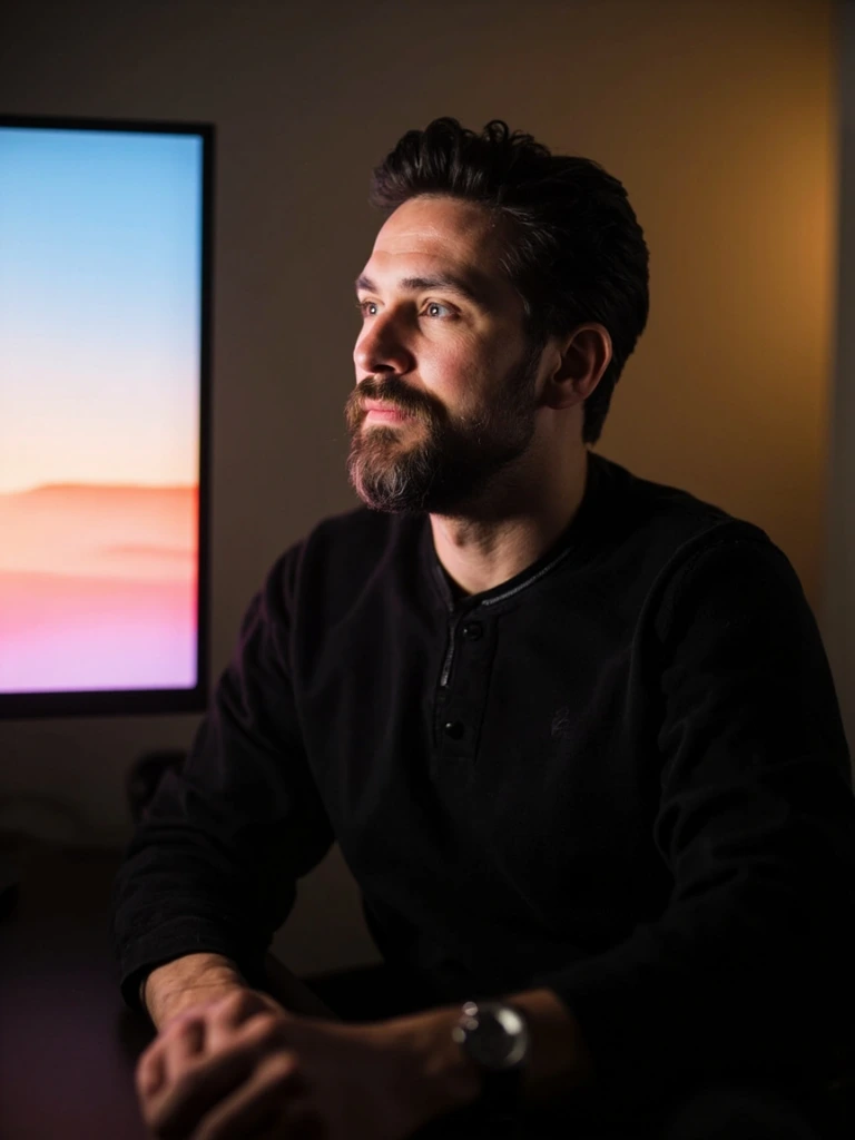 Co-founder portrait — a bearded engineer at his workstation