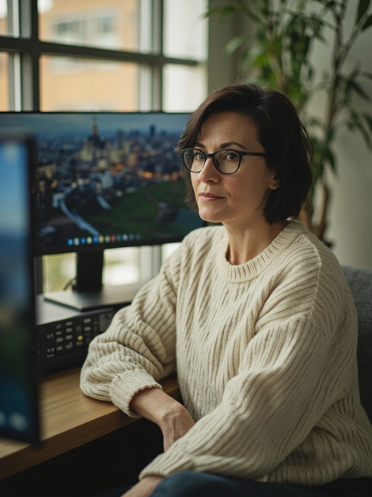 Co-founder portrait — a curator with glasses at her dual monitors