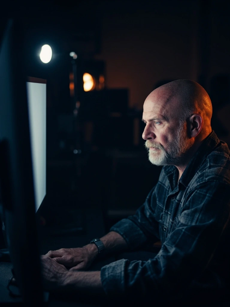 Color-grading specialist portrait — at the reference monitor