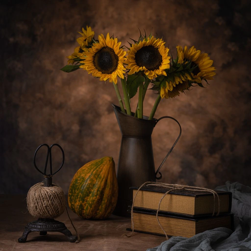 A single withered sunflower on linen, from the Quiet Still Life collection