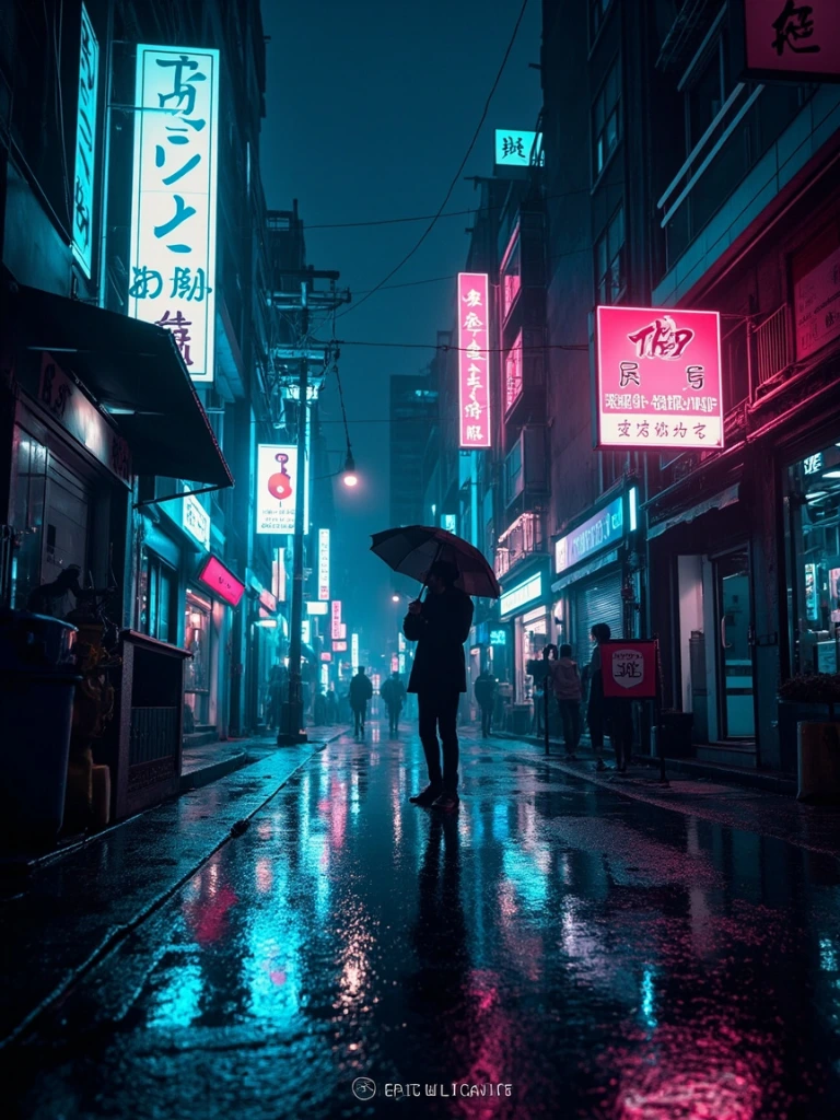 Rainy neon Tokyo street at night