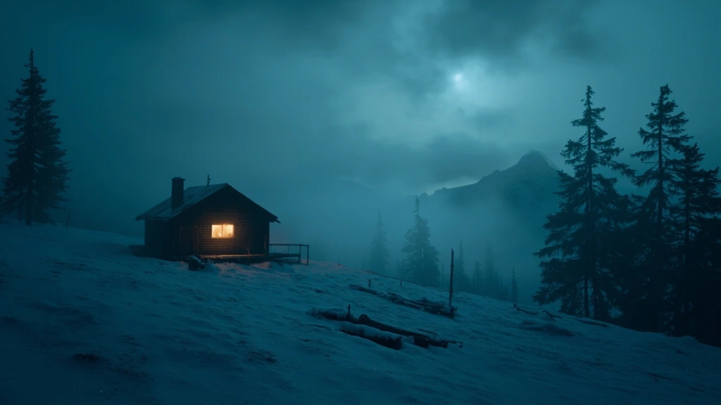 A solitary cabin in fog at blue hour — today's featured wallpaper