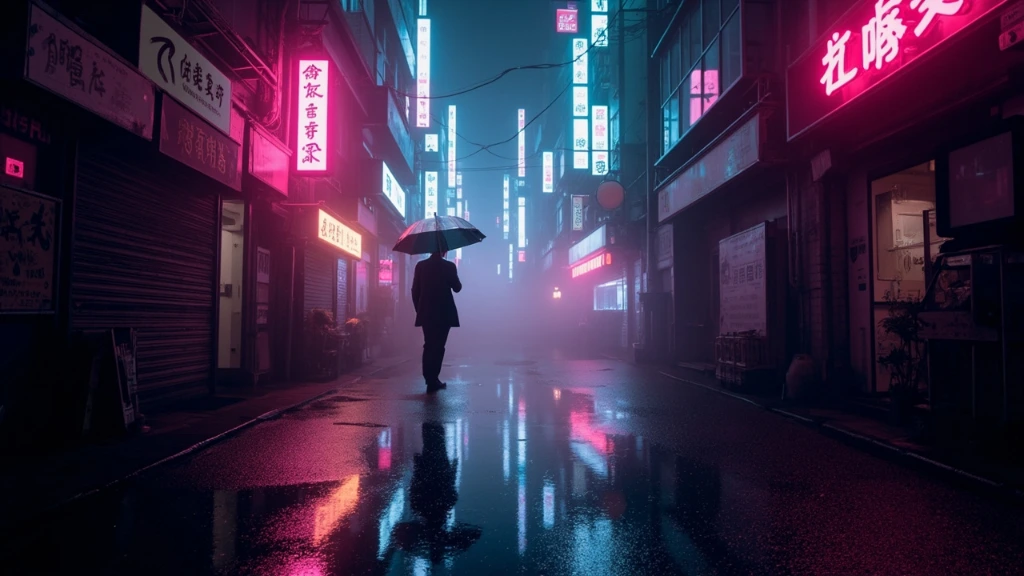 A solitary figure under a translucent umbrella crossing a puddle-lit Tokyo alley.