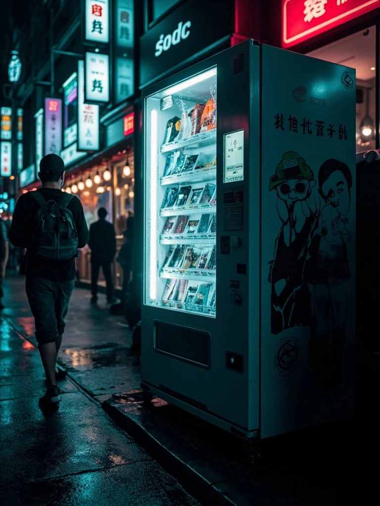 A glowing vending machine on a wet Tokyo backstreet.