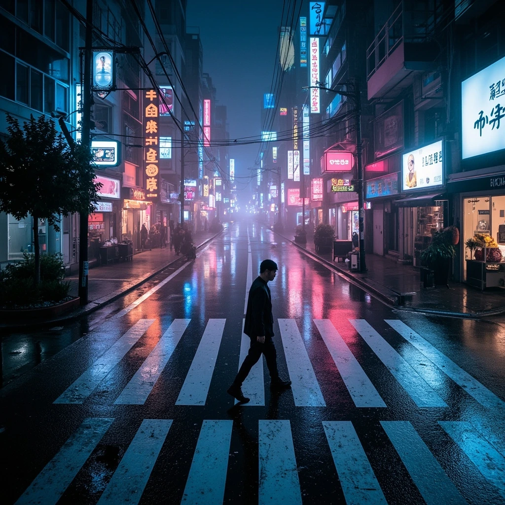 A rain-soaked Tokyo crosswalk reflecting pink and cyan neon.